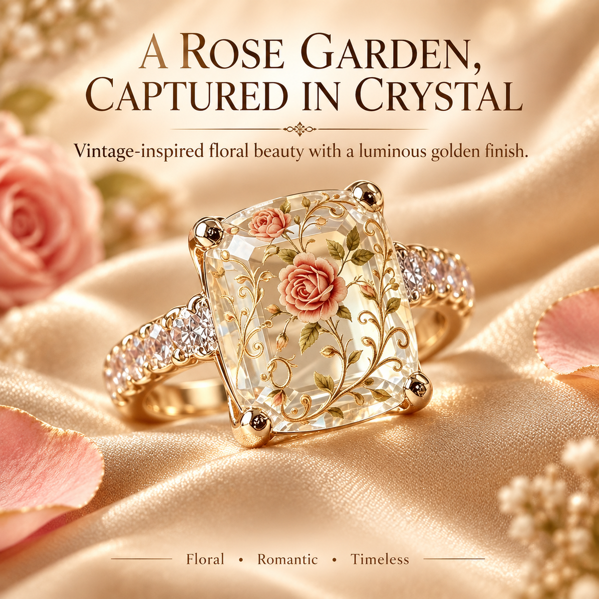 🇺🇸 Last Day Promo: 49% ✨ Vintage Rose Floral Crystal Statement Ring with Gold-Tone Band
