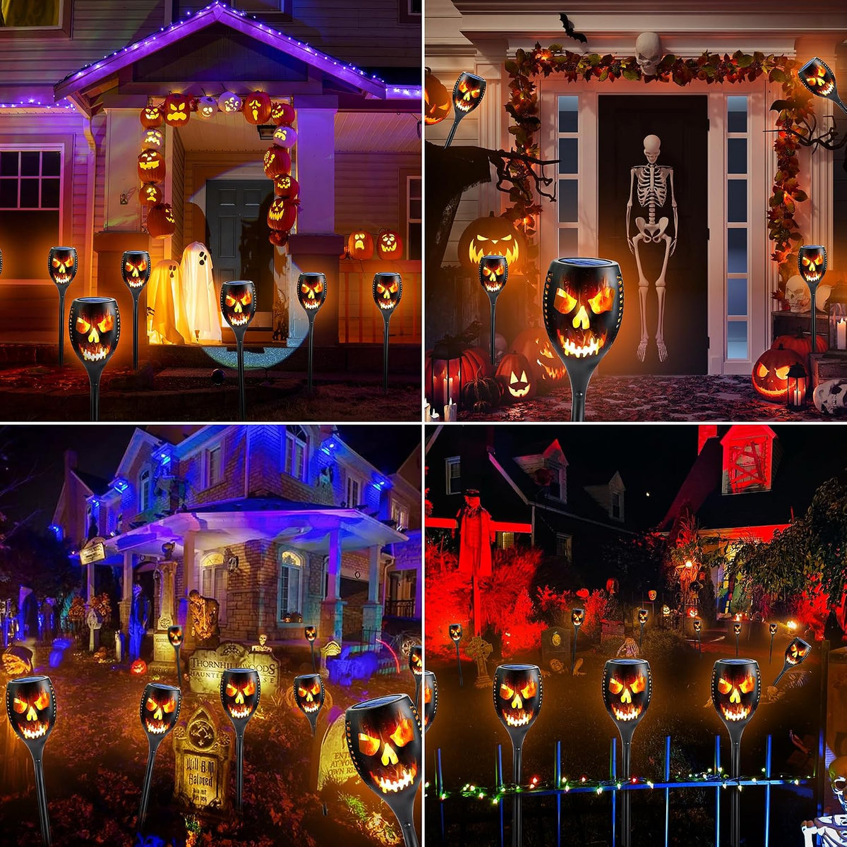 🎃 Extra-Large Solar Torch Lights, 4-Piece Set 🔥 Outdoor Flickering Flame Lights for Halloween Yards and Gardens