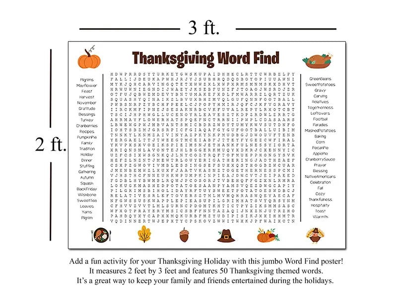🎉 Jumbo Holiday Word Search Poster – Thanksgiving & Christmas Family Fun Game, 36" × 24"