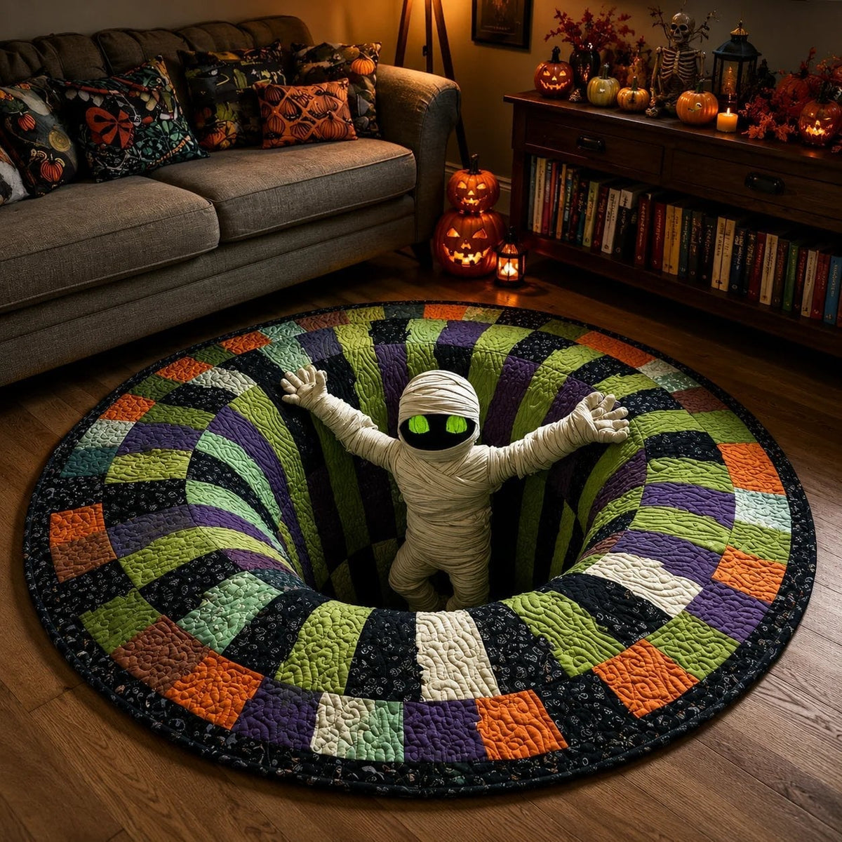 🔥Last Day 52% OFF - 👻3D Skeleton Vortex Quilted Round Halloween Rug👻