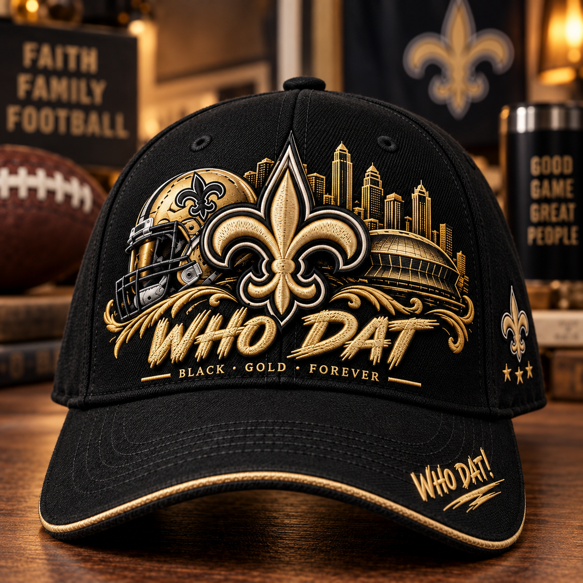 🇺🇸 Last Day Promo: 49% OFF⚜️ WHO DAT Black & Gold Football Fan Cap – Forever Faithful