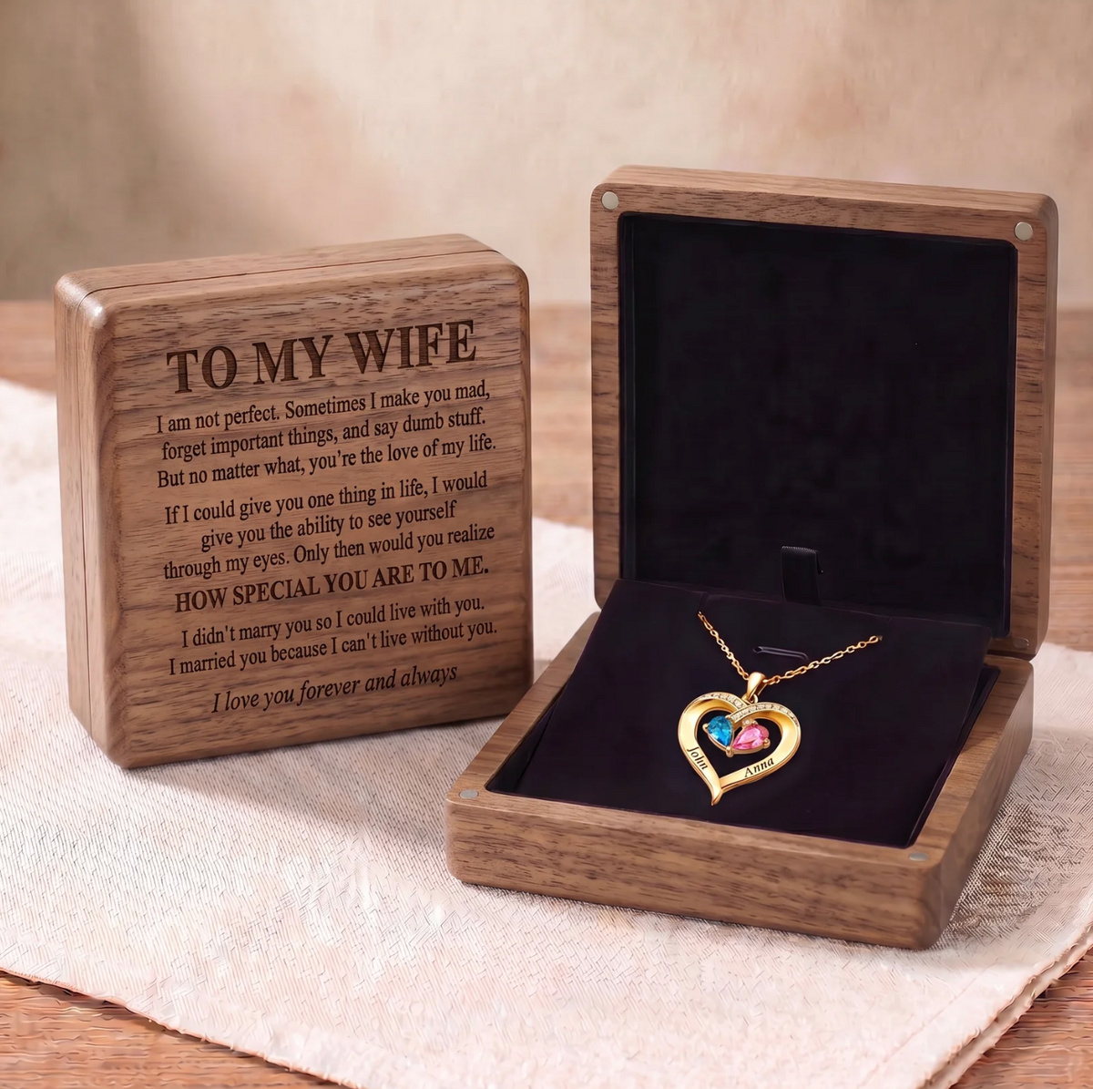 To My Wife - Birthstone Heart Necklace with Customized Box