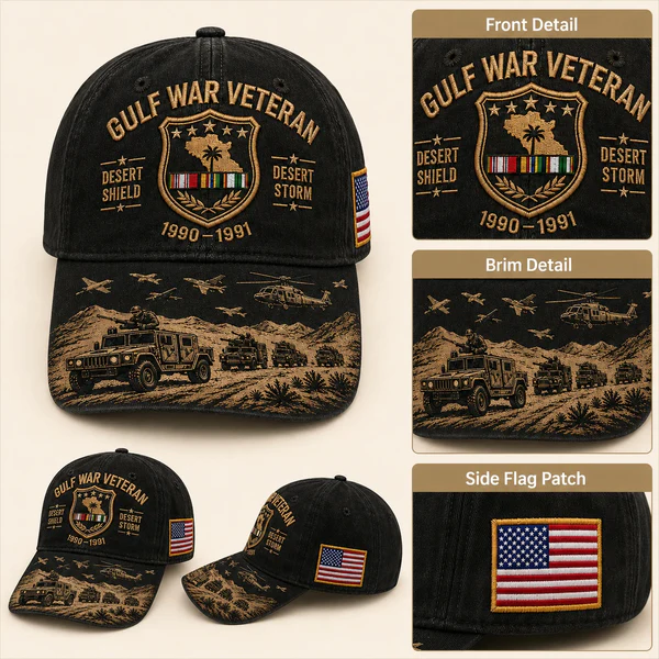 Gulf War Veteran cap embroidery, brim artwork and American flag patch
