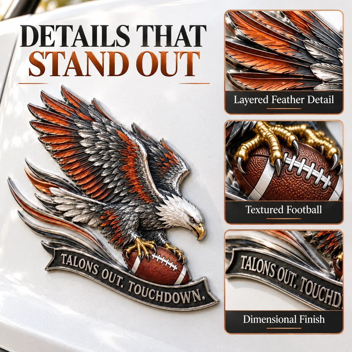 🦅 "Talons Out. Touchdown!" Premium Metal Eagle Car Emblem ” | The Ultimate Football Fan Decal