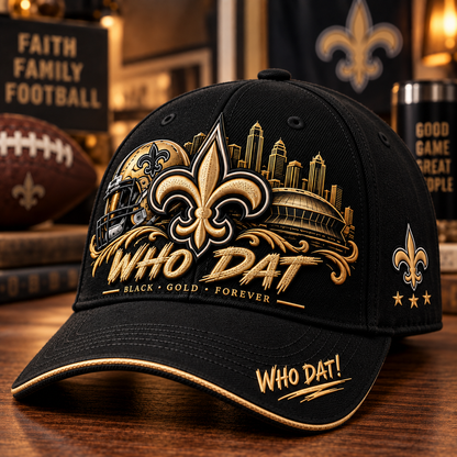 🇺🇸 Last Day Promo: 49% OFF⚜️ WHO DAT Black & Gold Football Fan Cap – Forever Faithful