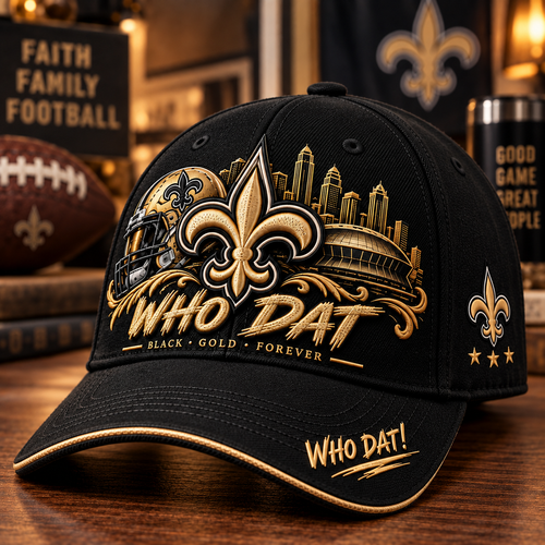 🇺🇸 Last Day Promo: 49% OFF⚜️ WHO DAT Black & Gold Football Fan Cap – Forever Faithful