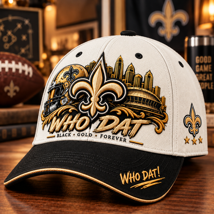 🇺🇸 Last Day Promo: 49% OFF⚜️ WHO DAT Black & Gold Football Fan Cap – Forever Faithful