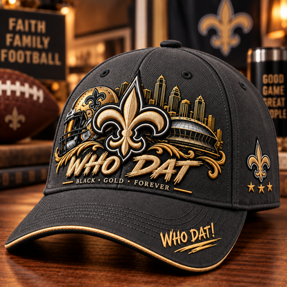 🇺🇸 Last Day Promo: 49% OFF⚜️ WHO DAT Black & Gold Football Fan Cap – Forever Faithful