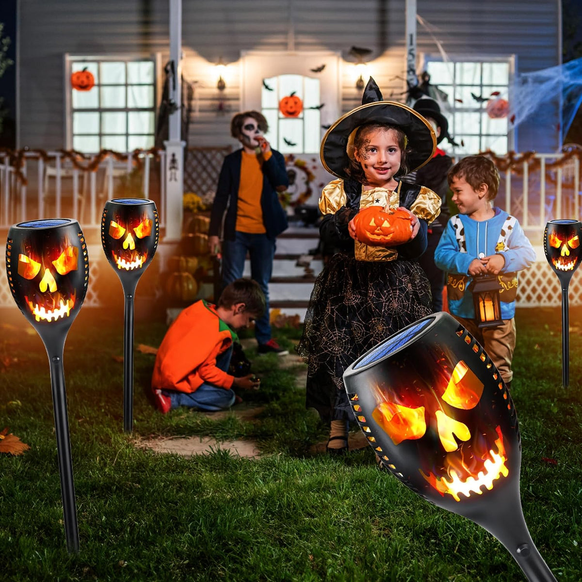 🎃 Extra-Large Solar Torch Lights, 4-Piece Set 🔥 Outdoor Flickering Flame Lights for Halloween Yards and Gardens