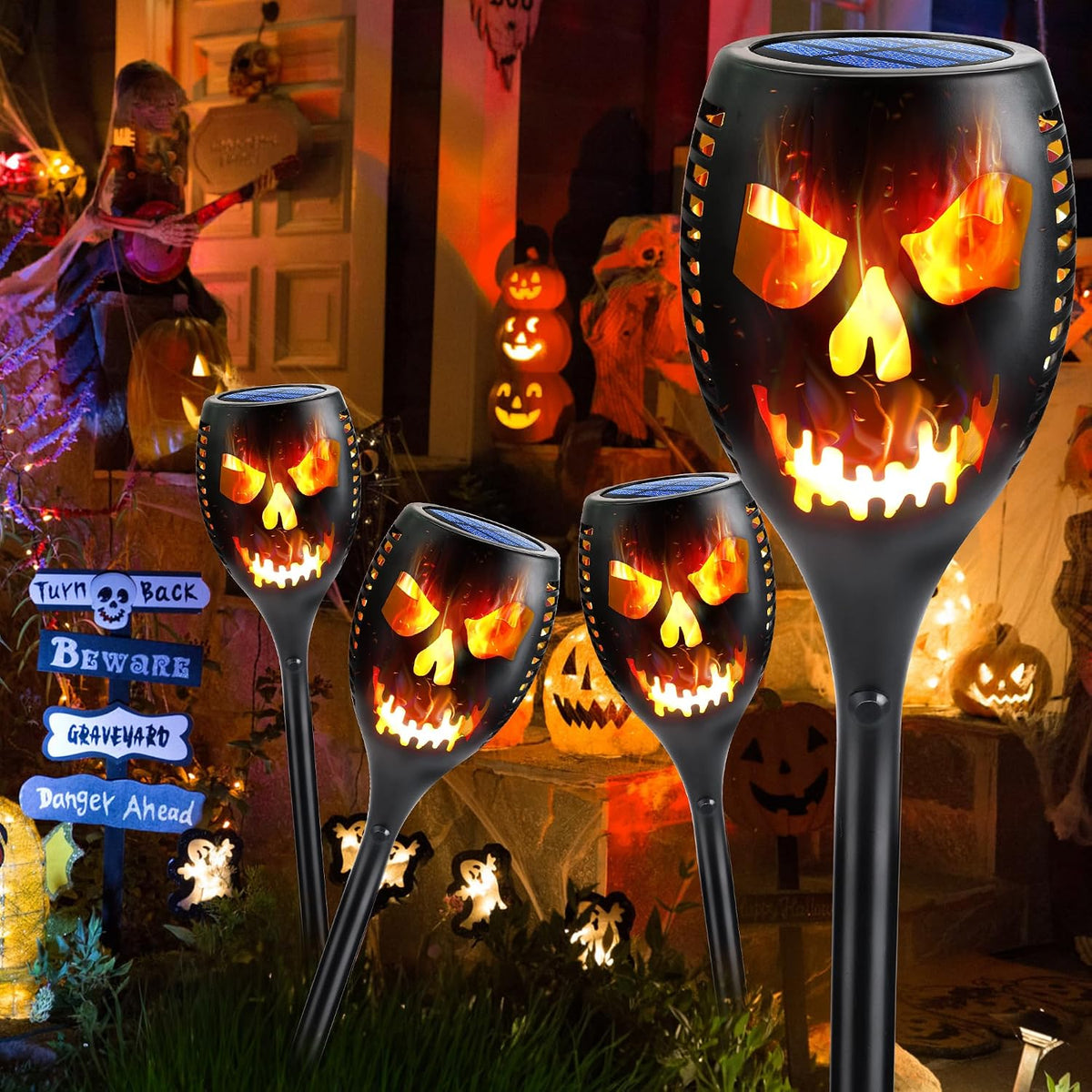 🎃 Extra-Large Solar Torch Lights, 4-Piece Set 🔥 Outdoor Flickering Flame Lights for Halloween Yards and Gardens