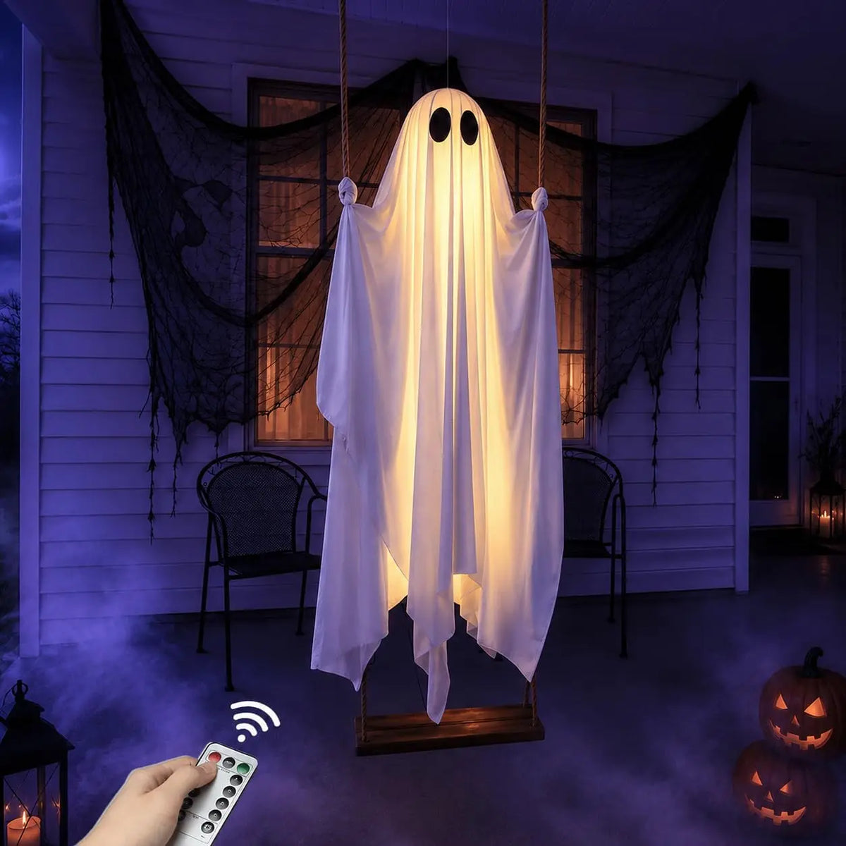 👻 5FT Hanging Ghost Halloween Decoration 🎃 Remote Control String Lights ✨ Spooky Outdoor Yard Decor for Porch, Tree & Garden