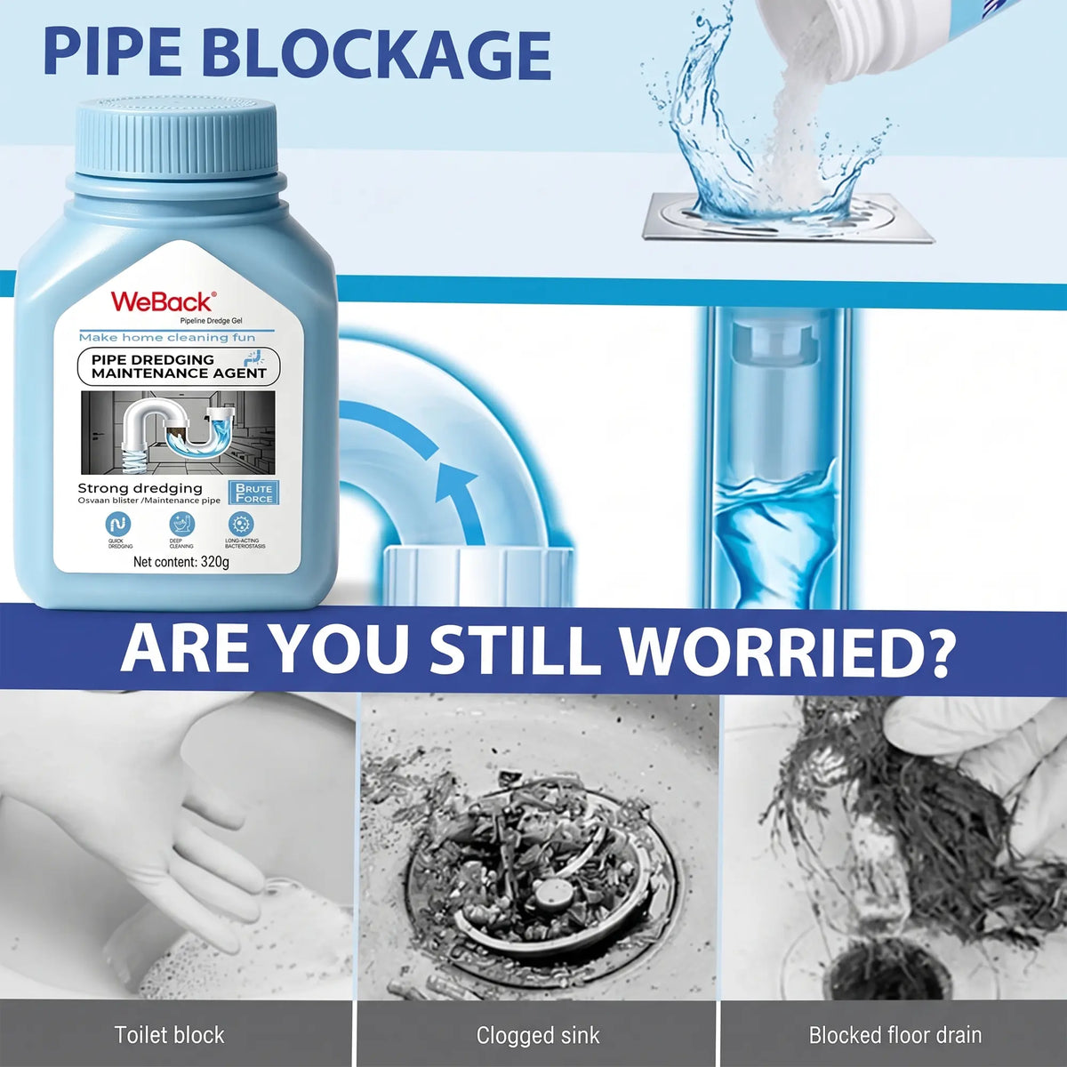 Powerful Drain Cleaner 320g – Fast Clog Remover for Kitchen, Sink & Toilet Drains