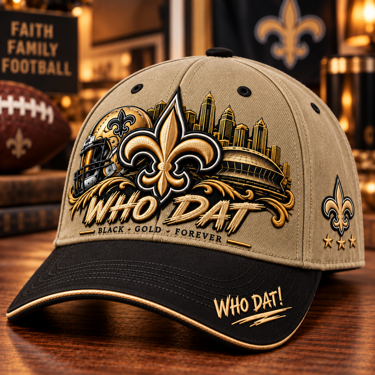 🇺🇸 Last Day Promo: 49% OFF⚜️ WHO DAT Black & Gold Football Fan Cap – Forever Faithful