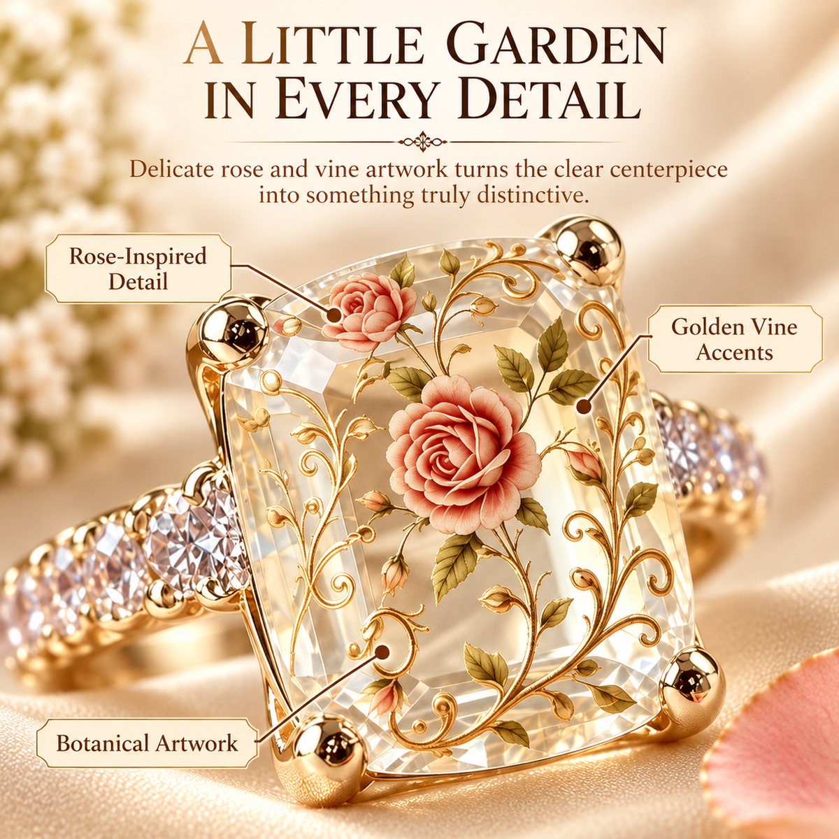 🇺🇸 Last Day Promo: 49% ✨ Vintage Rose Floral Crystal Statement Ring with Gold-Tone Band
