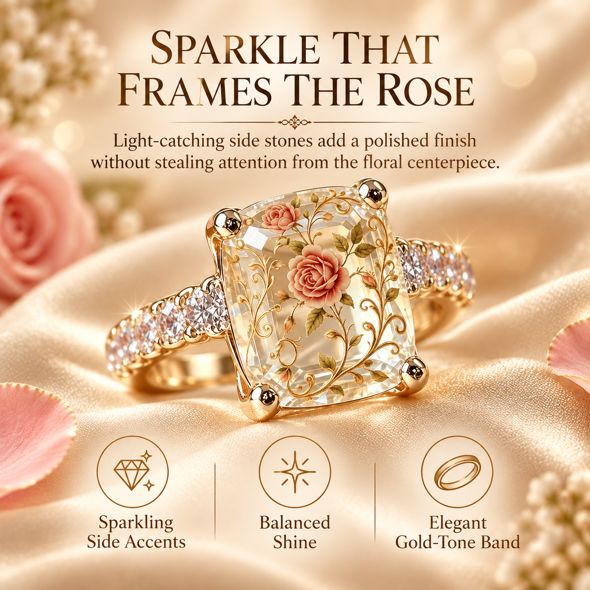 🇺🇸 Last Day Promo: 49% ✨ Vintage Rose Floral Crystal Statement Ring with Gold-Tone Band