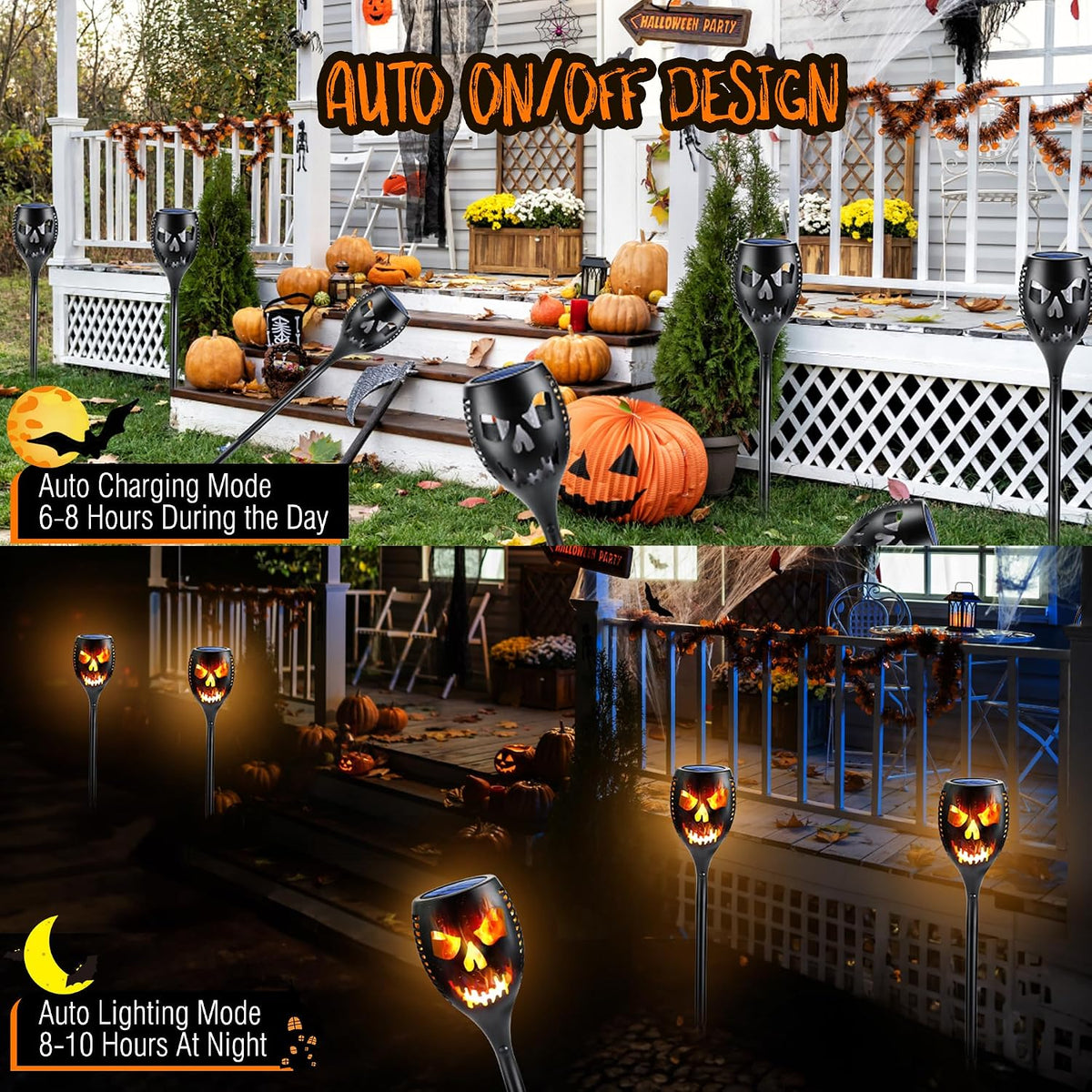 🎃 Extra-Large Solar Torch Lights, 4-Piece Set 🔥 Outdoor Flickering Flame Lights for Halloween Yards and Gardens