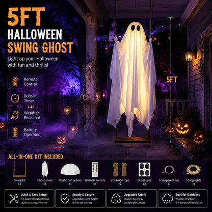 👻 5FT Hanging Ghost Halloween Decoration 🎃 Remote Control String Lights ✨ Spooky Outdoor Yard Decor for Porch, Tree & Garden