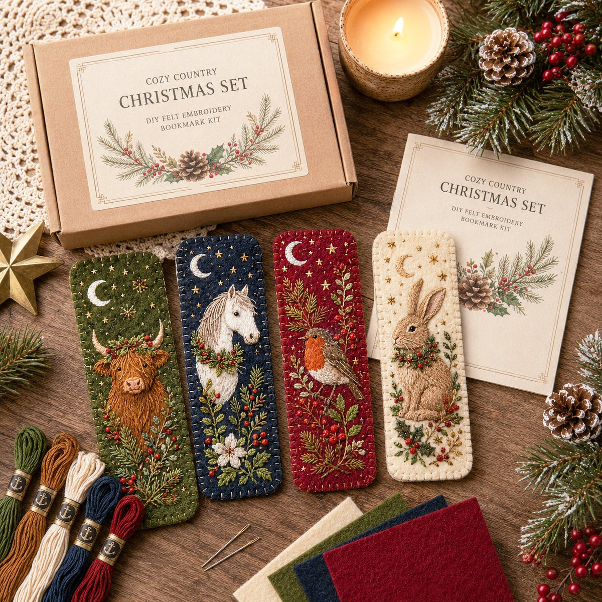 🎄 DIY Felt Embroidery Bookmark Kit(4PCS)