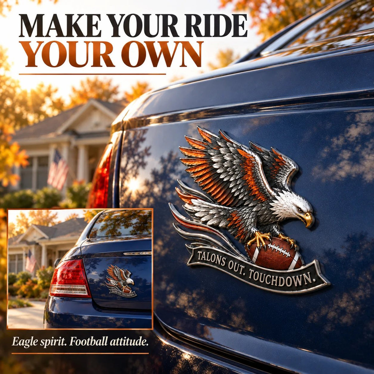 🦅 "Talons Out. Touchdown!" Premium Metal Eagle Car Emblem ” | The Ultimate Football Fan Decal